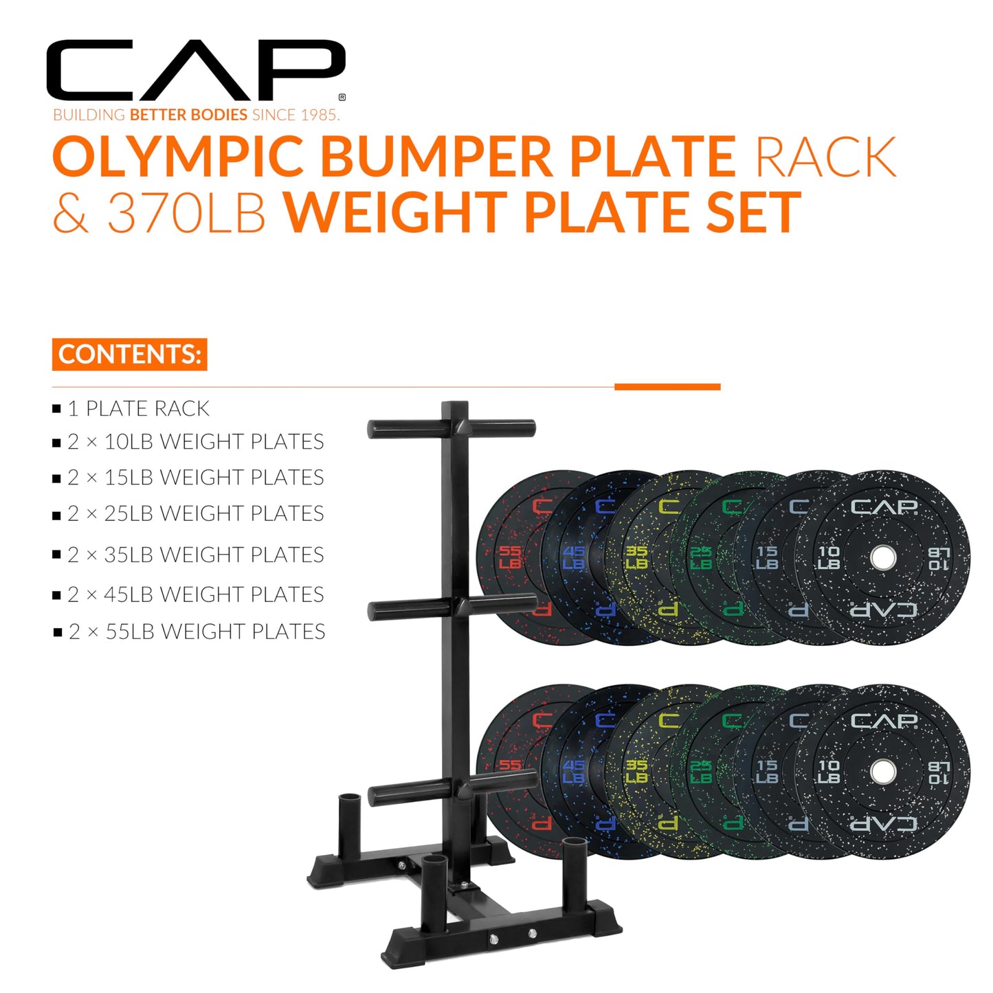 CAP Barbell 370 lb Economy - Speckled Olympic Plate Set with Traditional Plate Rack & Barbell Storage | 6 Weight Posts + 4 Barbell Holders