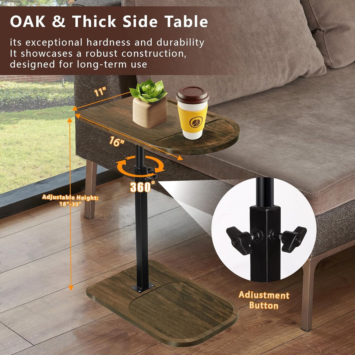 Adjustable/360 Side Table Sofa Tray for Couch - Swivel TV Tray Tables with Phone & Tablet Slot, Small Spaces Snack