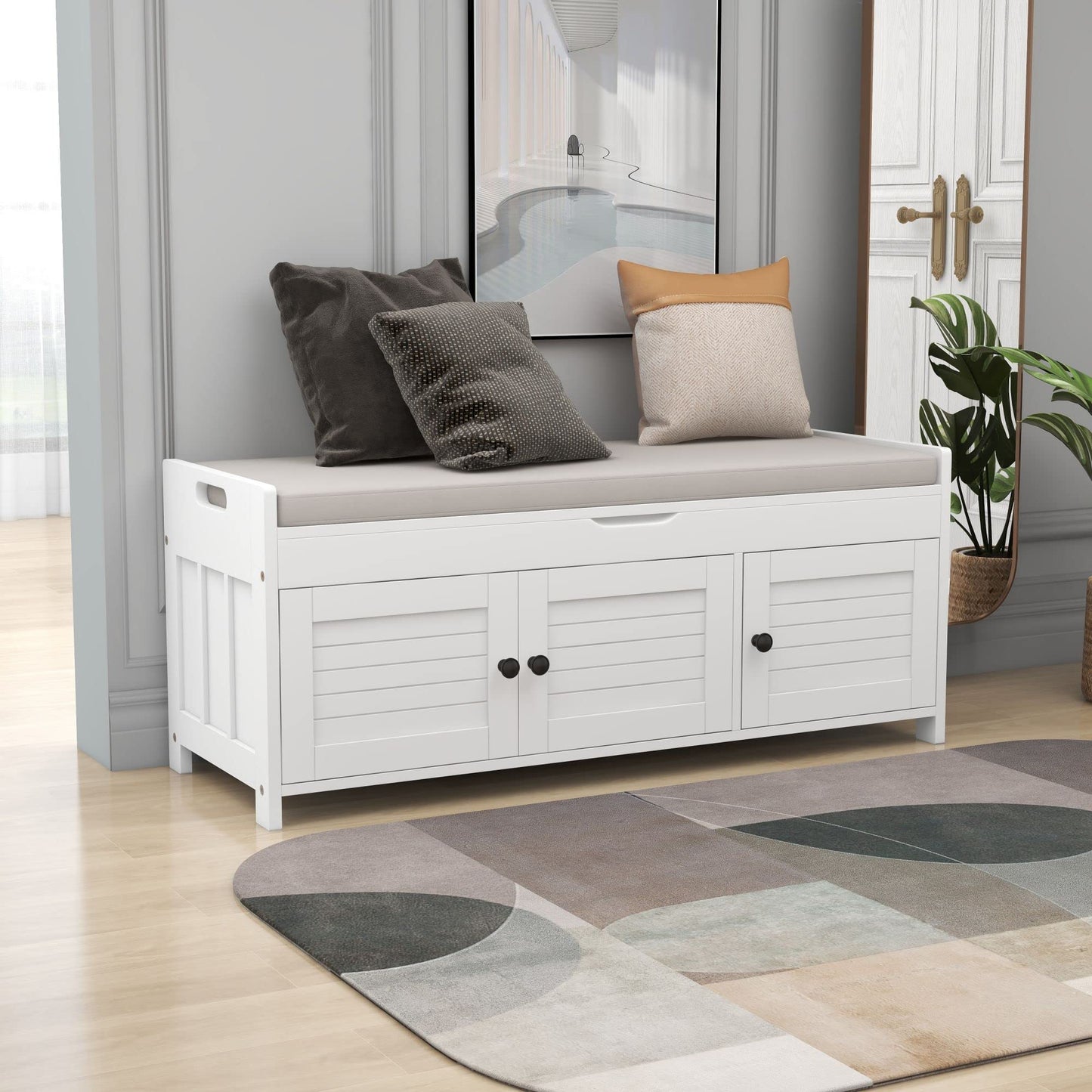 Merax Rustic Storage Bench with Removable Cushion Multifunction Shoe Cabinets for Entryway Hallway Front Door White