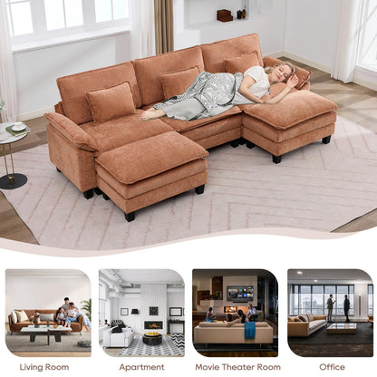IPKIG 117" Modular Sectional Sofa, Chenille U-Shaped Sectional Couch Comfy Upholstered 3 Seat Sofa with 2 Ottoman, Deep Seat Cloud Couch Sofa for Living Room, Orange