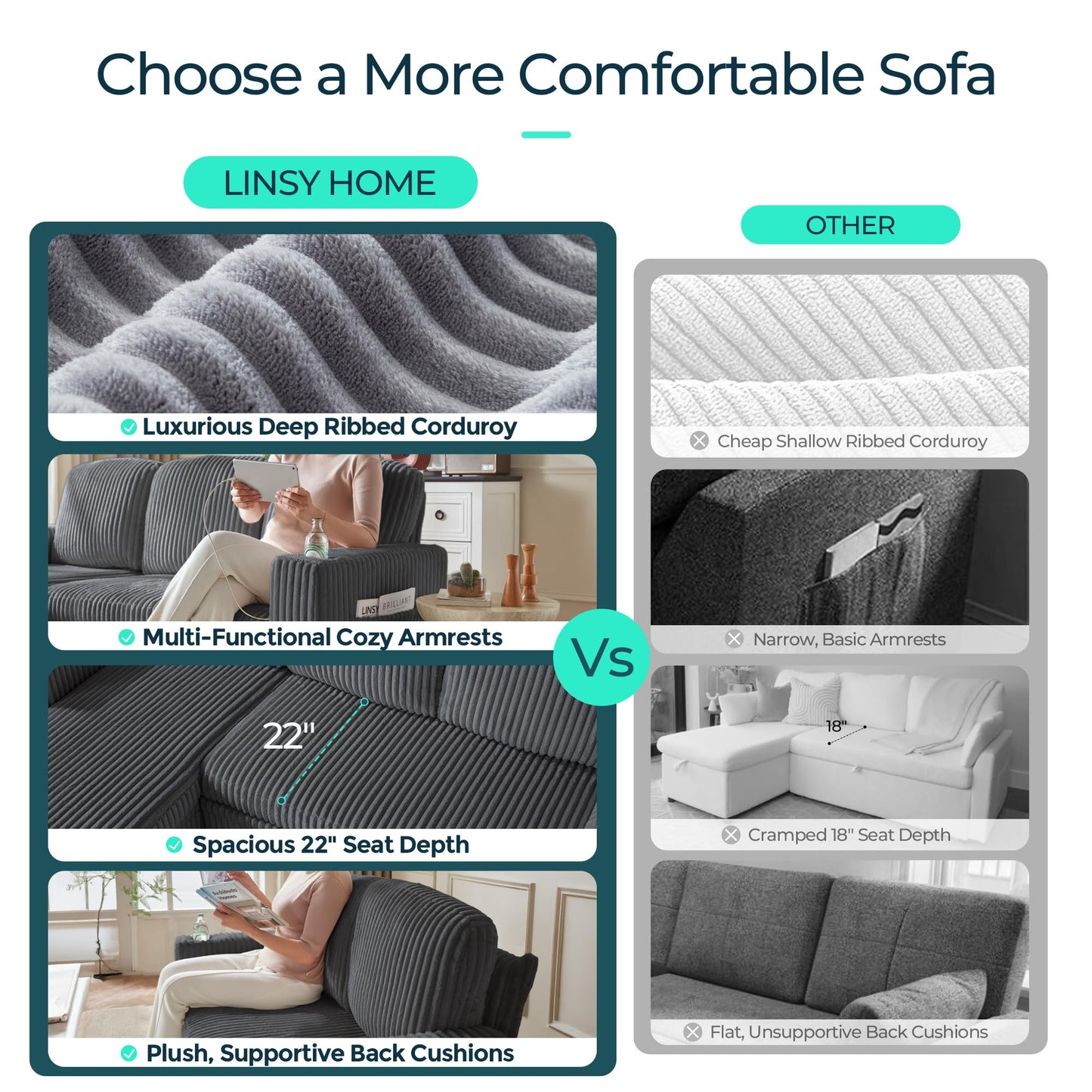 LINSY Home Sleeper Sofa Couch with Storage Chaise & USB Charging, Convertible Sectional Pull Out Sofa Bed with Plush Corduroy Fabric, Modular Sectional Couches for Living Room Apartment (Grey)