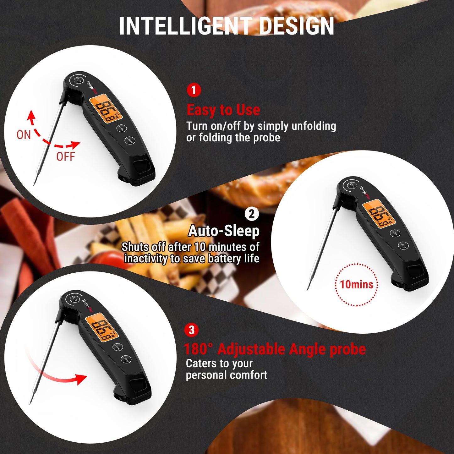 ThermoPro TP605 Instant Read Meat Thermometer for Cooking, Waterproof Digital Food Thermometer with Large Backlit LCD, 180° Foldaway Probe Kitchen Thermometer for Grilling, Smoking & Candy Making
