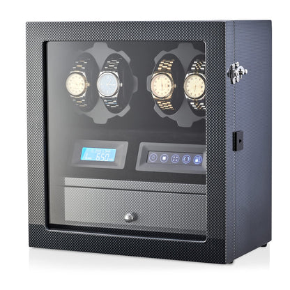 4 Watch Winder with 5 Watch Storage Space, LCD Display, Touch Control and Interior Light (Black + Black)