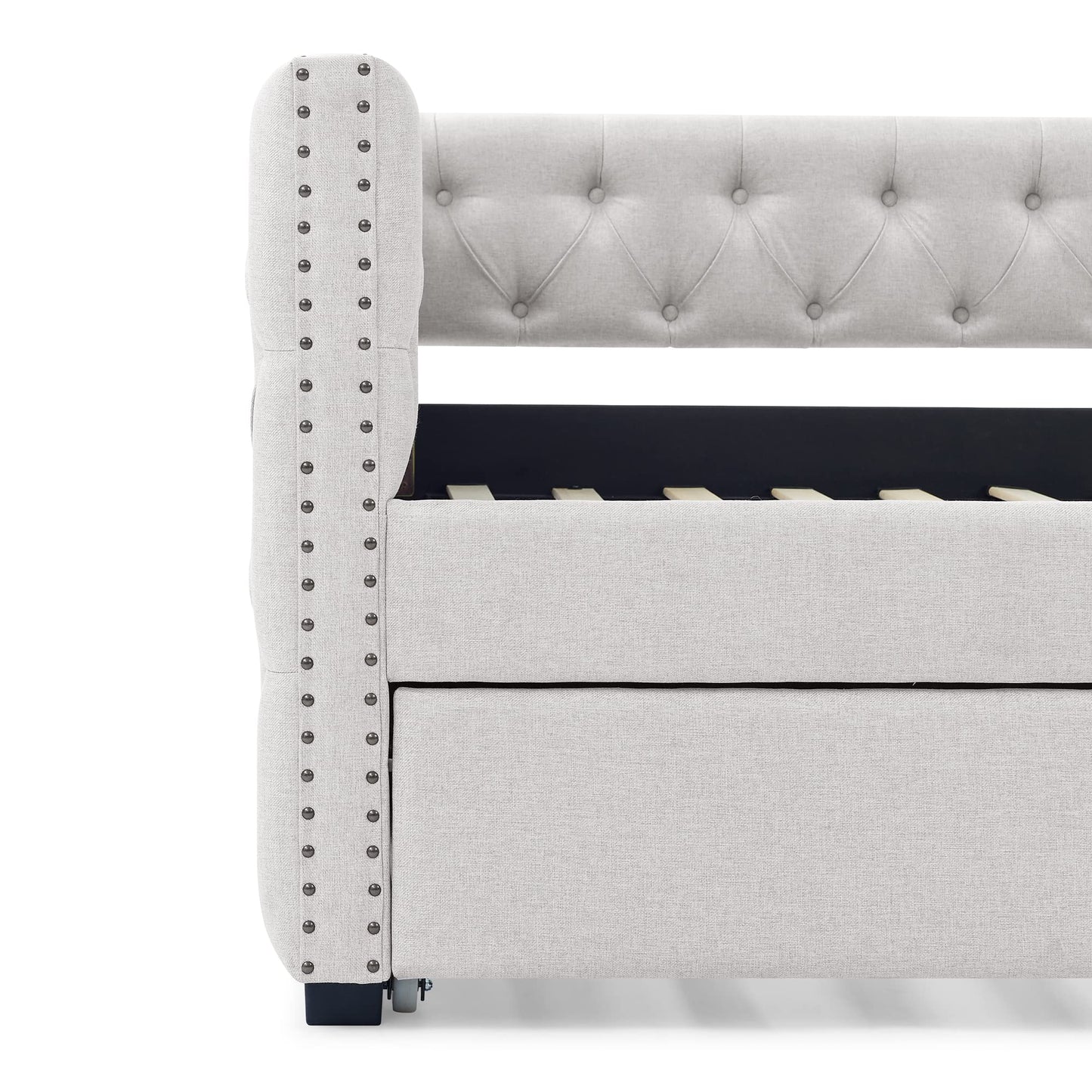 Acosure Upholstered Full Size Daybed with Trundle Twin,Solid Wooden Sofa Bed Frame W/Button Tufted & Copper Nail on Square Arms,No Spring Box Need,Bedframe for Living Room Bedroom Dorm,Beige Linen