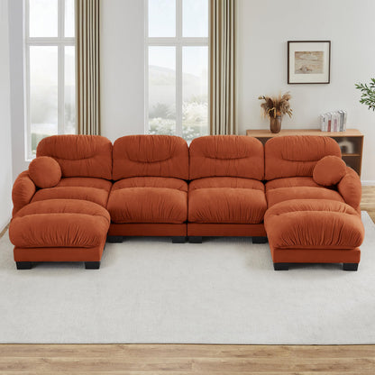 KEIKI 150" Cloud Modular Chenille Sectional Sofa Couch for Living Room, 4-Seat Sofa with Two Ottomans, Cloud-Like Plush Backrest Design, Requires Assembly, Ideal for U-Shape Spacious Home, Orange
