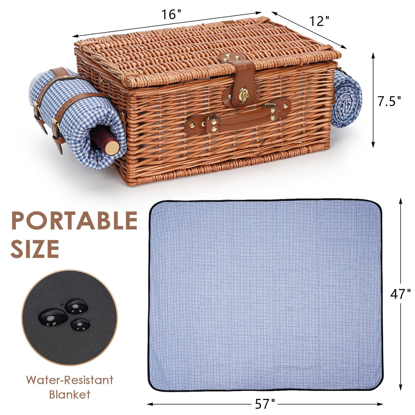 Picnic Baskets for 2, Picnic Basket with Waterproof Blanket, Picnic Basket Set with Washable Beach Mat & Large Insulated Cooler Compartment, Handmade Natural Wicker Hamper for Camping, Outdoor Party