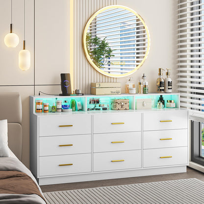 UNIQUITE White 9 Drawer Dressers for Bedroom, Modern Large Dresser with LED Light and Power Outlet, Wooden Long Dresser for Bedroom, Entryway, Hallway