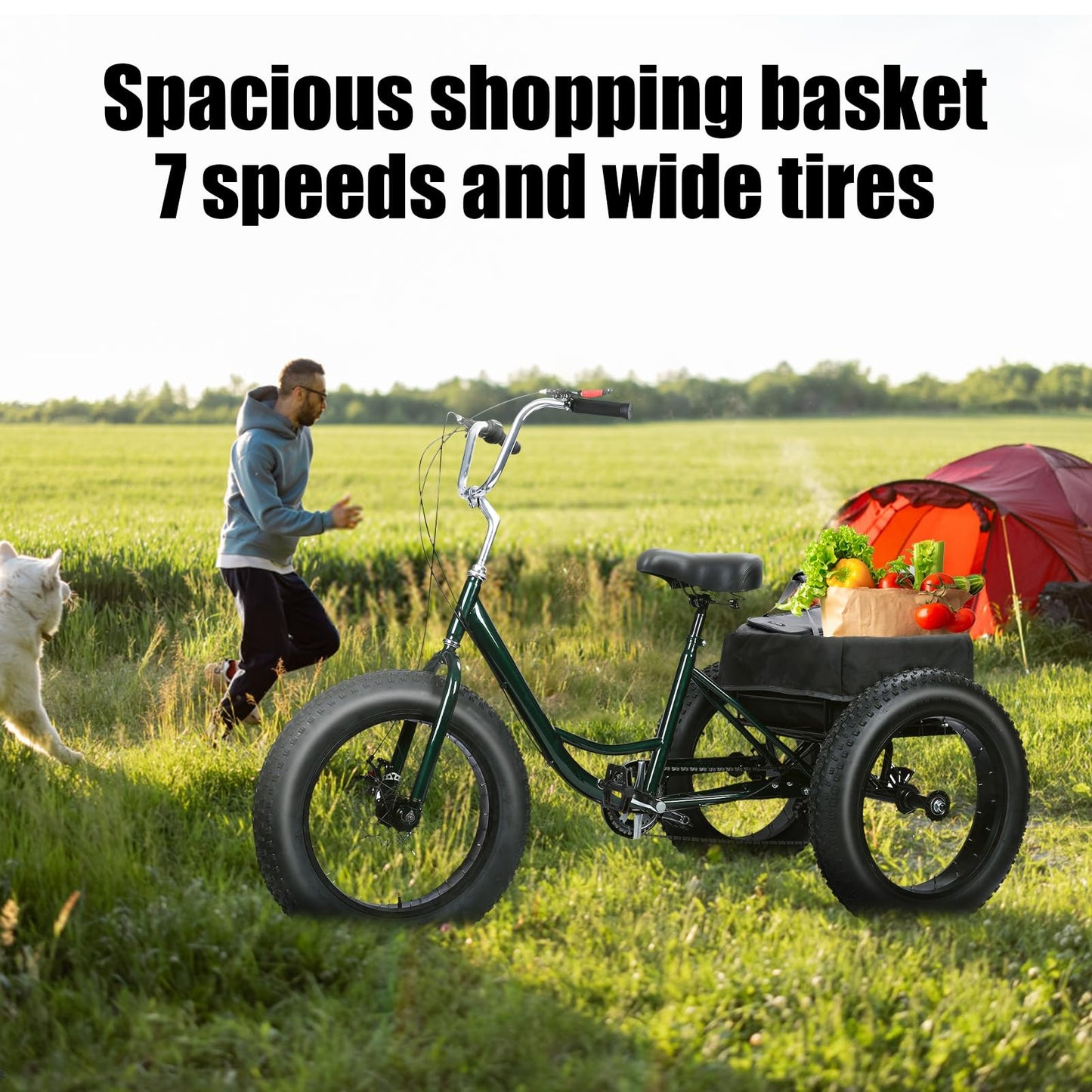 Hiborth Adult Tricycle, 20-Inch Fat Tire Comfort Bike for Adults All-Terrain 3-Wheel Bike 7-Speed Heavy-Duty 450lb Capacity Trike with Dual Disc Brakes & Large Cargo Basket Shopping Basket