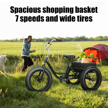 20 Inch Fat Tire Adult Tricycle, 7-Speed Heavy-Duty, 450lb Capacity,Large Cargo Basket, Dual Disc Brakes, Comfort Seat for Seniors,3 Wheel Bike with Spacious Shopping Basket Black 172cm/67.72", W: 85