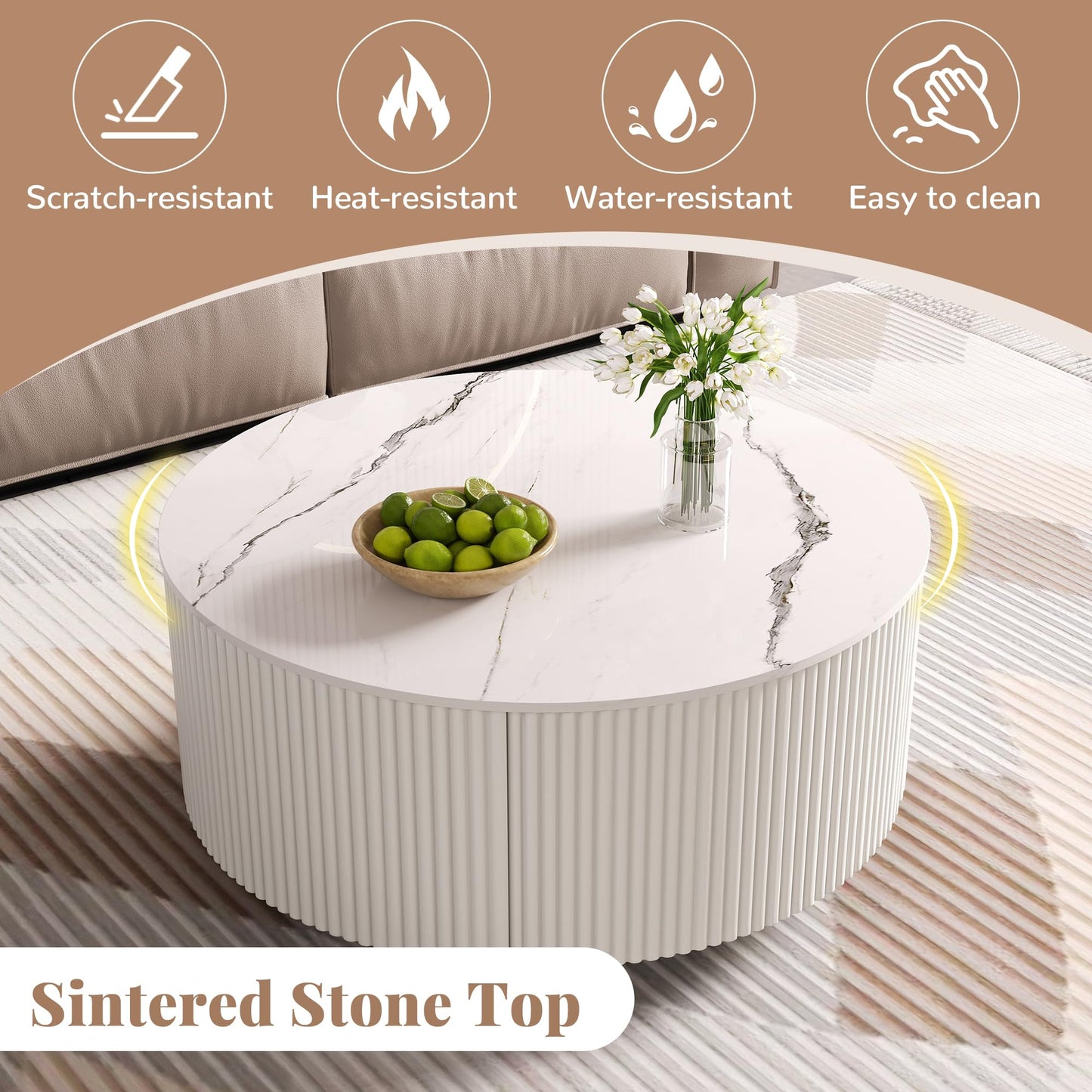 Merax 29.5" Round Fluted Coffee Table for Living Room, Movable Accent Table with Casters and 2 Storage Drawers, Marble Pattern Sintered Stone Top, White