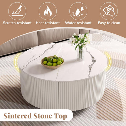Merax 29.5" Round Fluted Coffee Table for Living Room, Movable Accent Table with Casters and 2 Storage Drawers, Marble Pattern Sintered Stone Top, White