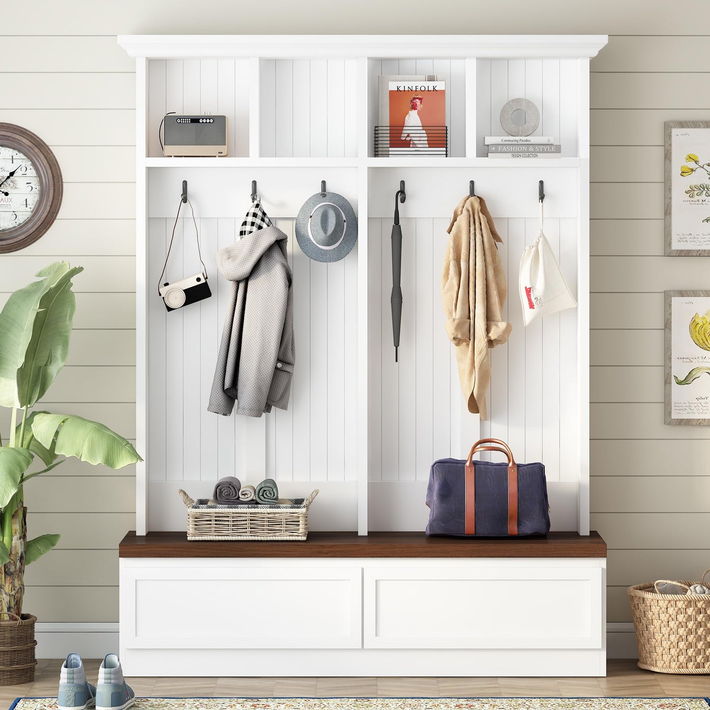 Merax Wood Hall Tree with 6 Hooks & Entryway Bench, Farmhouse Mudroom Versatile Coat Racks with 2 Large Drawers, Entrance Organizer for Hallway, White