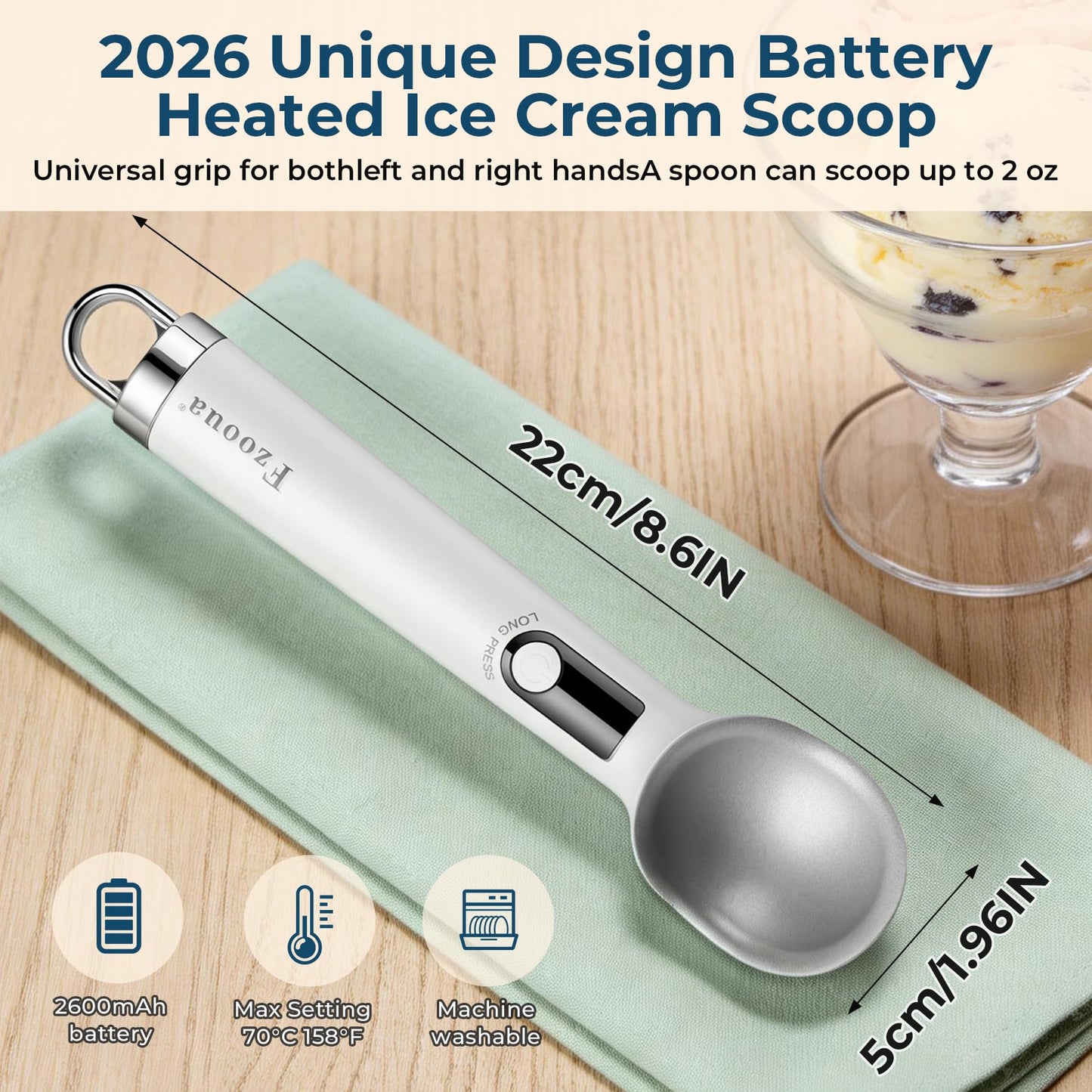 Fzooua Heated Ice Cream Scoop, Dishwasher Safe,Rechargeable Electric Warming Scooper, ON/OFF Safety Lock Switch,Heats to 158F, Kitchen Tool Nonstick Scooper for Gelato, Frozen & More