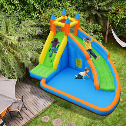 Costzon Inflatable Water Slide, Giant Bouncy Waterslide Park for Kids Backyard Outdoor Fun w/ 480w Blower, Climbing, Splash Pool, 2-pcs, Blow up Water Slides Inflatables for Kids Party Gift