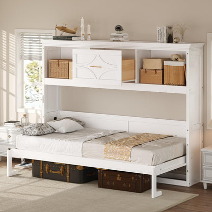Merax Farmhouse Wood Murphy Bed Chest with Charging Station & Drawer, Storage Wall Bed with Wood Slat Support/Space Saving, Twin,White