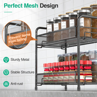 Spice Rack Organizer for Countertop,Xpatee 2-Tier Foldable Metal Rust-Proof Standing Large Seasoning Storage Shelf with Guardrail and Mesh Design for Kitchen Cabinet Bathroom Living Room Pantry, Black