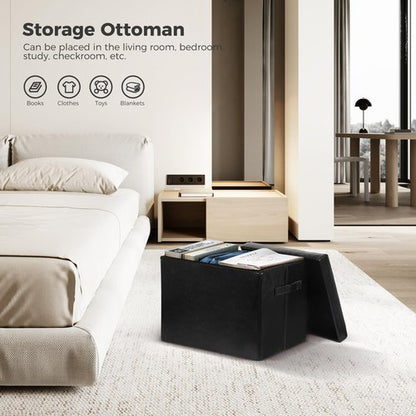 FaiPue Storage Ottoman Footrest Stool. Foldable Oil Waxed Leather Footstool with Thicker Foam Padded Seat. Small Ottoman with Storage Bench for Living Room Bedroom 350 lbs, 17x13x13in, Black.