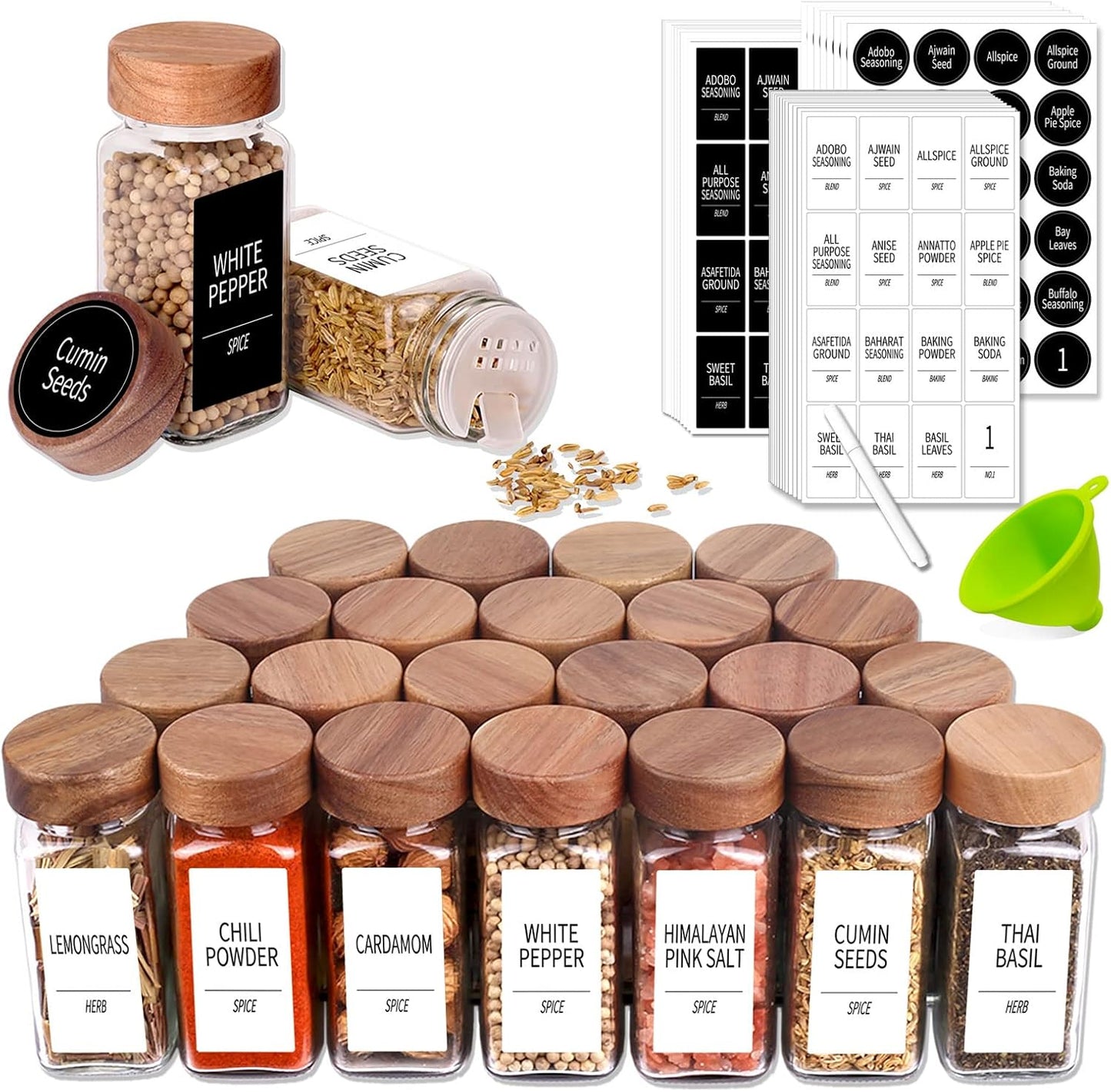 24 547 4 Oz Churboro Spice Jars with Labels - Glass Spice Jars with Shaker Lids - Square Spice Containers with Acacia