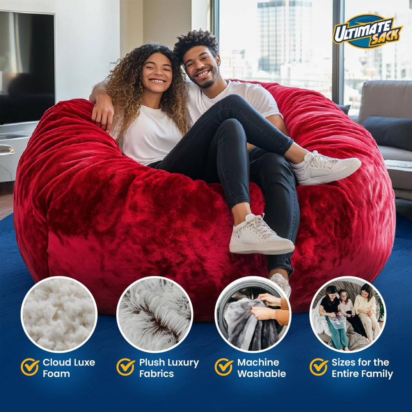 ULTIMATE SACK 5000 5-Foot Bean Bag Chair, Black Fur Cover – Oversized Foam Lounger, Floor Seat, Small Sofa, or Couch Bed for Living Area, Gaming Room, or Reading Lounge