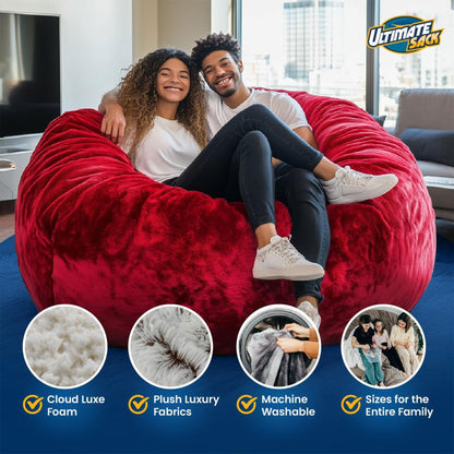 ULTIMATE SACK 5000 5-Foot Bean Bag Chair, Black Fur Cover – Oversized Foam Lounger, Floor Seat, Small Sofa, or Couch Bed for Living Area, Gaming Room, or Reading Lounge