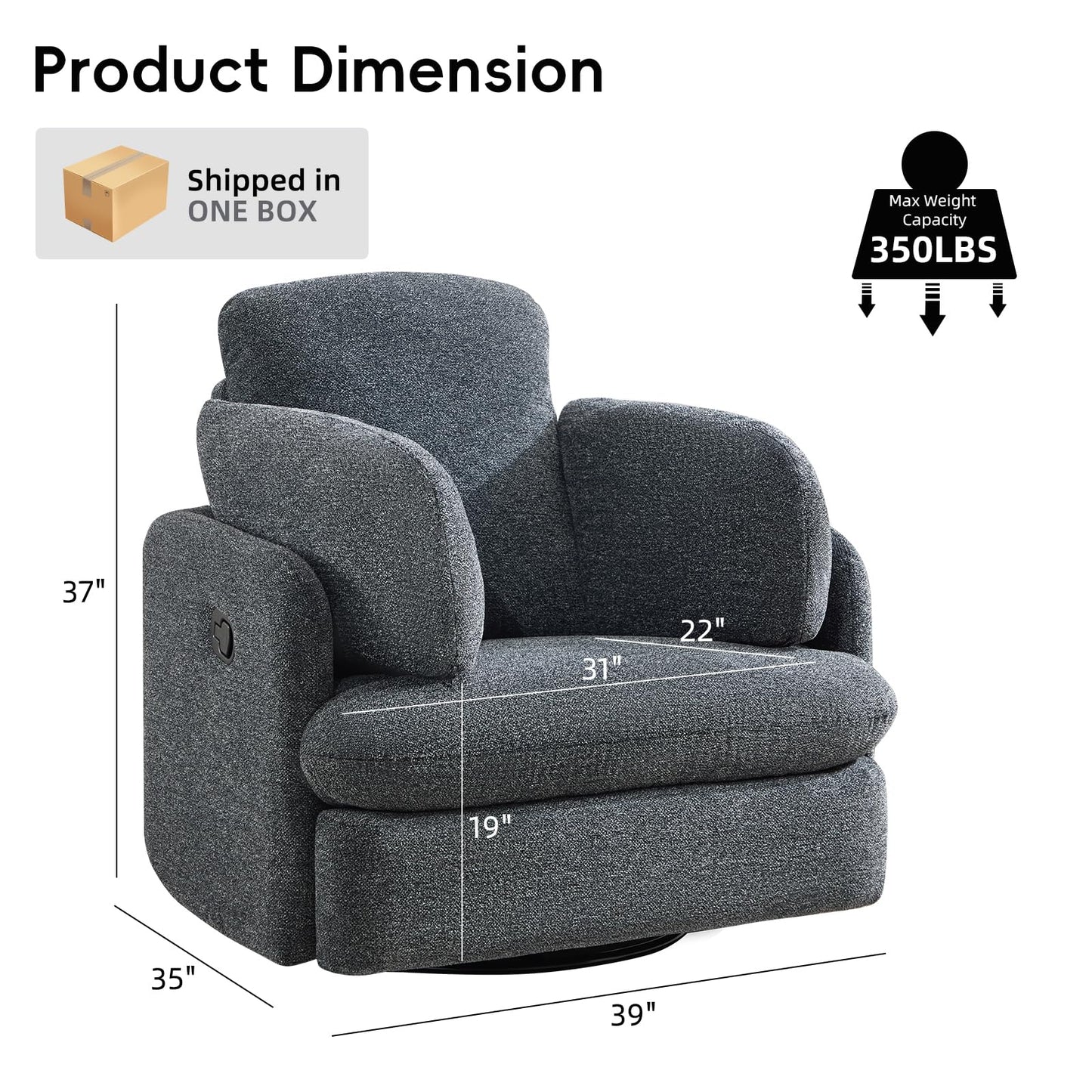 Bonzy Home Manual Recliner Chair Set of 2, 360°Swivel Rocker Recliner Chair for Adults, Overstuffed Nursery Rocking Reclining Sofa with 2 Pillows and Hidden Storage, Dark Grey