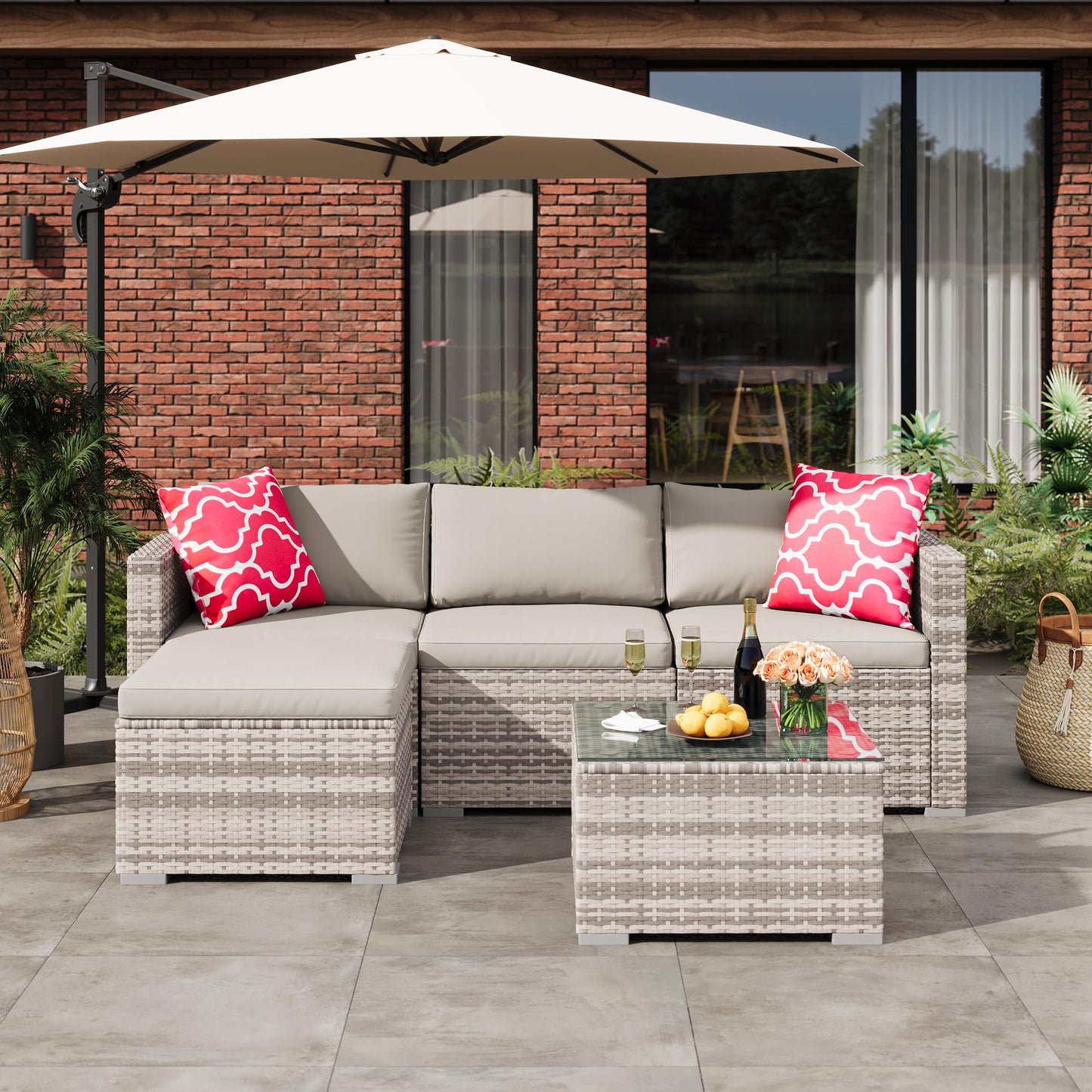 MilleLoom 5-Piece Outdoor Sectional Sofa Set, All-Weather PE Rattan Patio Furniture with Ottoman & Tempered Glass Table, Convertible Garden Couch for Backyard, Porch, Poolside (Gray)
