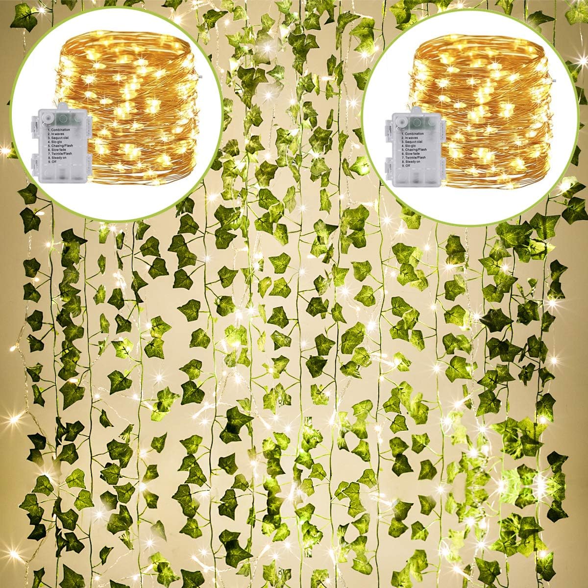 24Pack 82 inch, 160 KASZOO / Each Artificial Ivy Garland Fake Plants with LED String Light, Green for Wedding Party