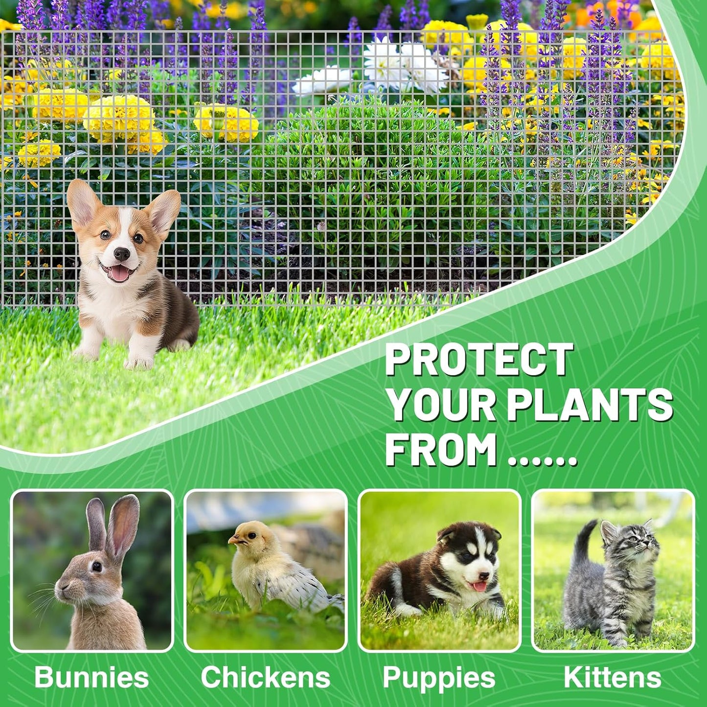 Set 15.8ft 16in 8pcs Ease to Install Garden Fence Animal Barrier - Included x Rustproof Metal Wire Net, Cedar Stakes