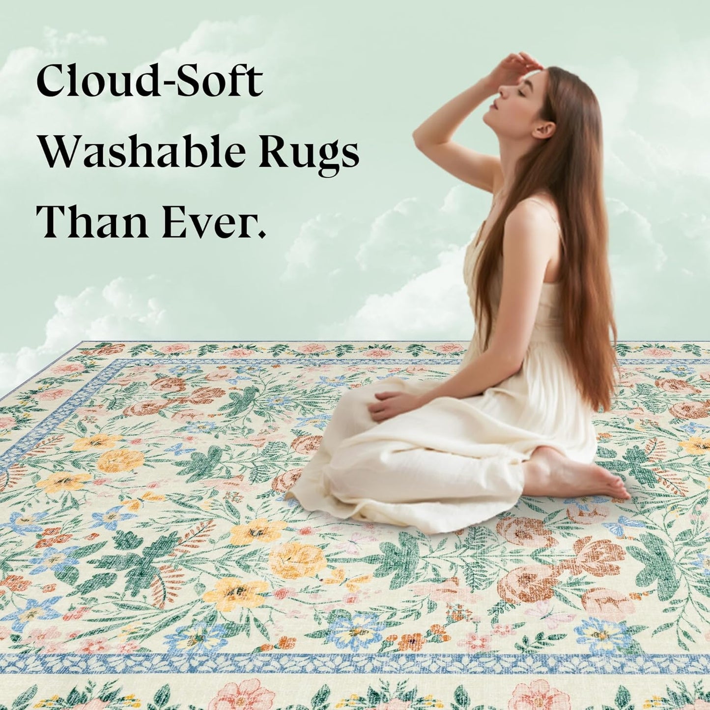 5x7 Boho Area Rugs: Floral Washable Rugs for Living Room Bedroom Nursery Girls Room Decor - Soft Non-Slip Carpet