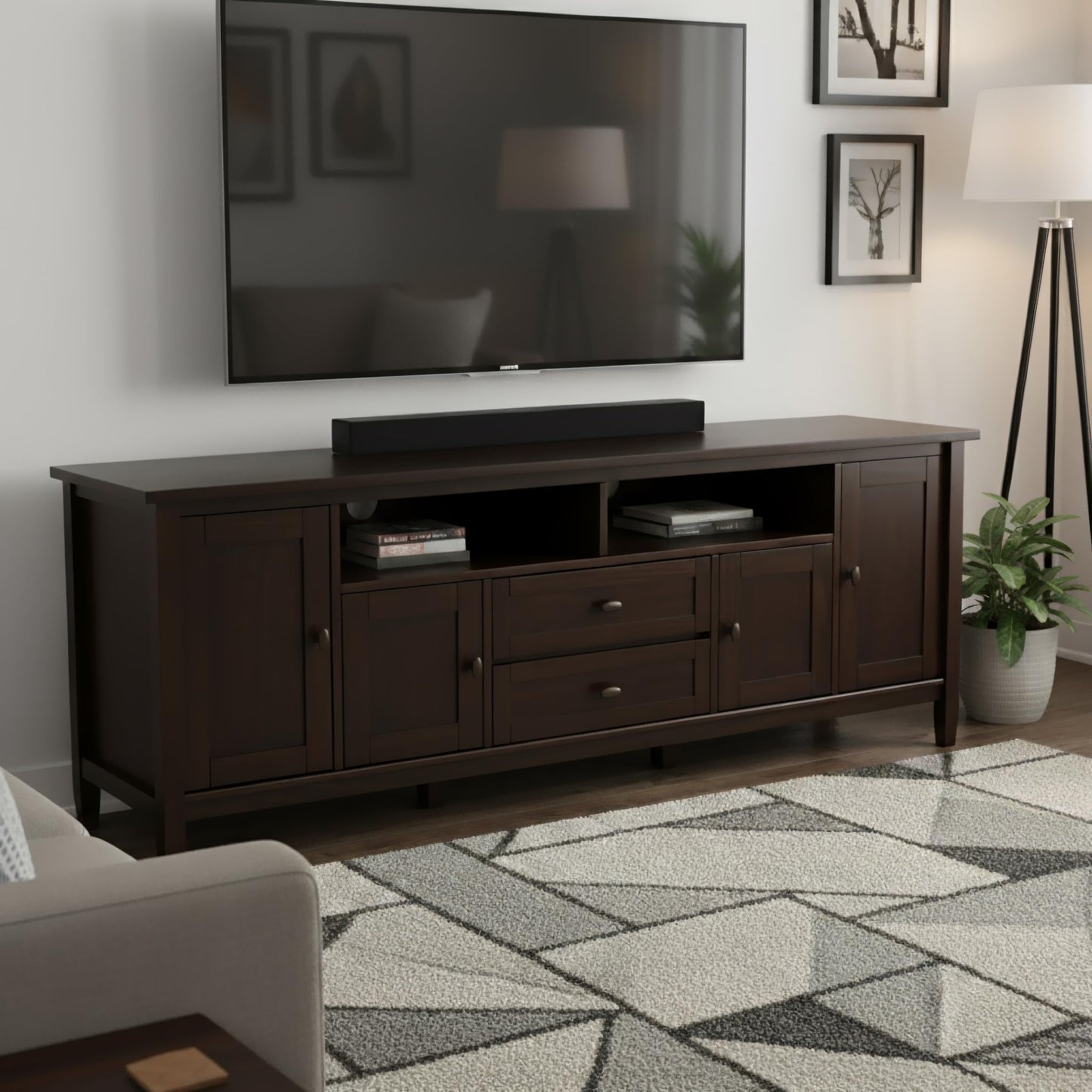 SIMPLIHOME Warm Shaker TV Stand - 72 inch Wide Solid Wood Media Console in Mocha Brown, Transitional Entertainment Center for Living Room for TVs up to 80 Inches with Cabinets and Cable Management