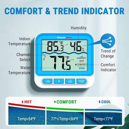 ThermoPro Waterproof Wireless Pool Thermometer Easy Read, Digital Pool Thermometer Floating for Swimming Pool, Upgraded IPX8 Water Temperature Monitor for Hot Tub, Cold Plunge, Ice Bath, Pond