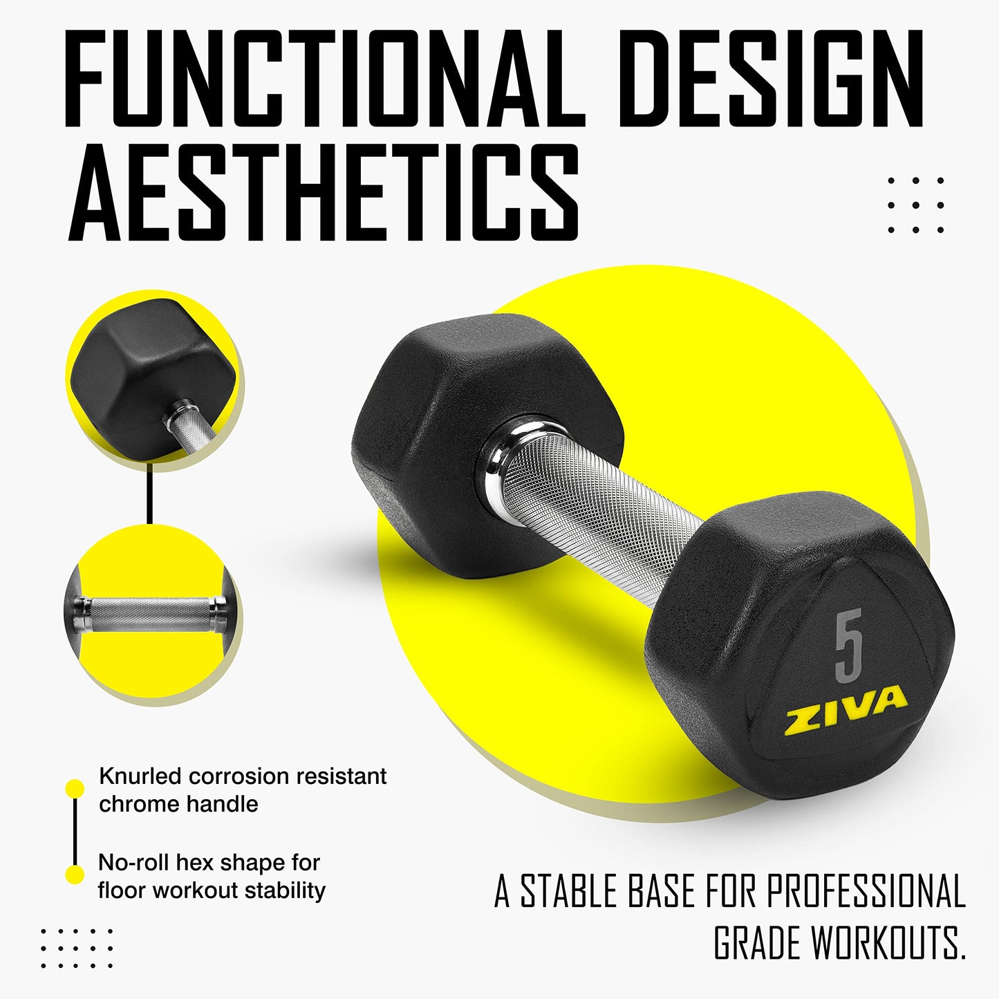 ZIVA 150 lb Hexagon Dumbbell Set with Rack - 5lb-25lb PPU Coated Dumbbell Pairs, Scratch-Proof Handles, UV & Corrosion-Resistant, Steel Weight Rack, Space-Saving Design for Home Gym