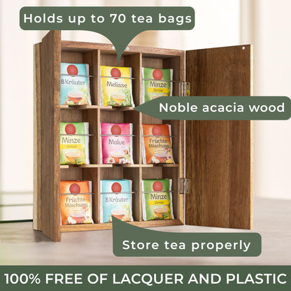WALDWERK Tea Storage Organizer (9 Compartments) - Tea Organizer Made of Solid Acacia Wood - Tea Box with Wall Mounting Option - Tea Organizer and Storage - Tea Bag Holder - Plastic Free Tea Holder