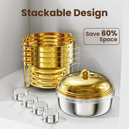 WARMOUNTS 6.5QT Gold Chafing Dishes for Buffet 6 Pack, Stainless Steel Round Chafers and Buffet Warmers Sets with Lid Holder, Rolled Rim Process, Stackable Design, for Catering, Parties, Weddings