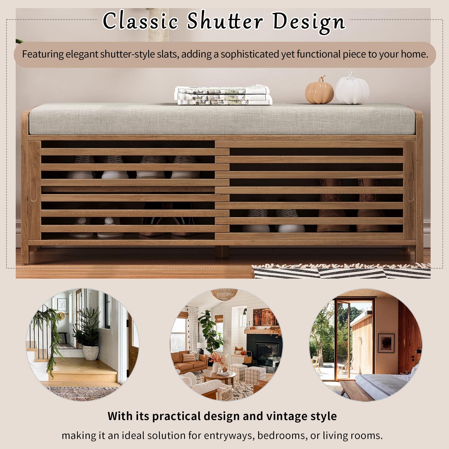 Merax Multipurpose Entryway Storage Bench with Shutter Doors, 43.3" Wooden Shoe Organizer with Upholstered Seat for Entryway, Hallway and Living Room