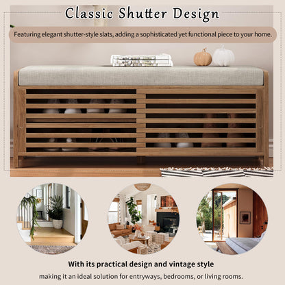 Merax Multipurpose Entryway Storage Bench with Shutter Doors, 43.3" Wooden Shoe Organizer with Upholstered Seat for Entryway, Hallway and Living Room