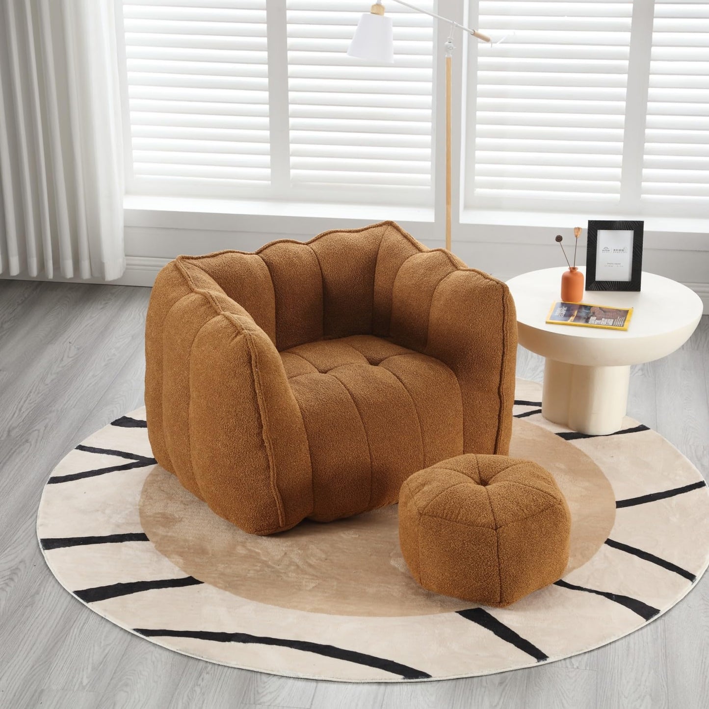 KEIKI Chenille Giant Bean Bag Sleeper Chair with Ottoman, Adults and Kids Lazy Floor Sofa Couch, High Resilient Foam Comfy Reading Chaise Lounge Recliner for Living Room Bedroom, Khaki