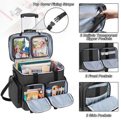 CURMIO Rolling Scrapbook Tote on Wheels, Scrapbook Storage Bag with Detachable Trolley and Bottom Wooden Board, Rolling Craft Bag for Scrapbooking Supplies, Black
