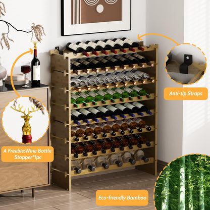 Wine Rack Freestanding Floor, Bamboo 8-Tier 69 Wine Bottle Holder Racks Countertop Cabinet Display, Wooden Stackable Modular Wine Storage Organizer Shelves for Kitchen Bar Cellar Dining Room Walnut