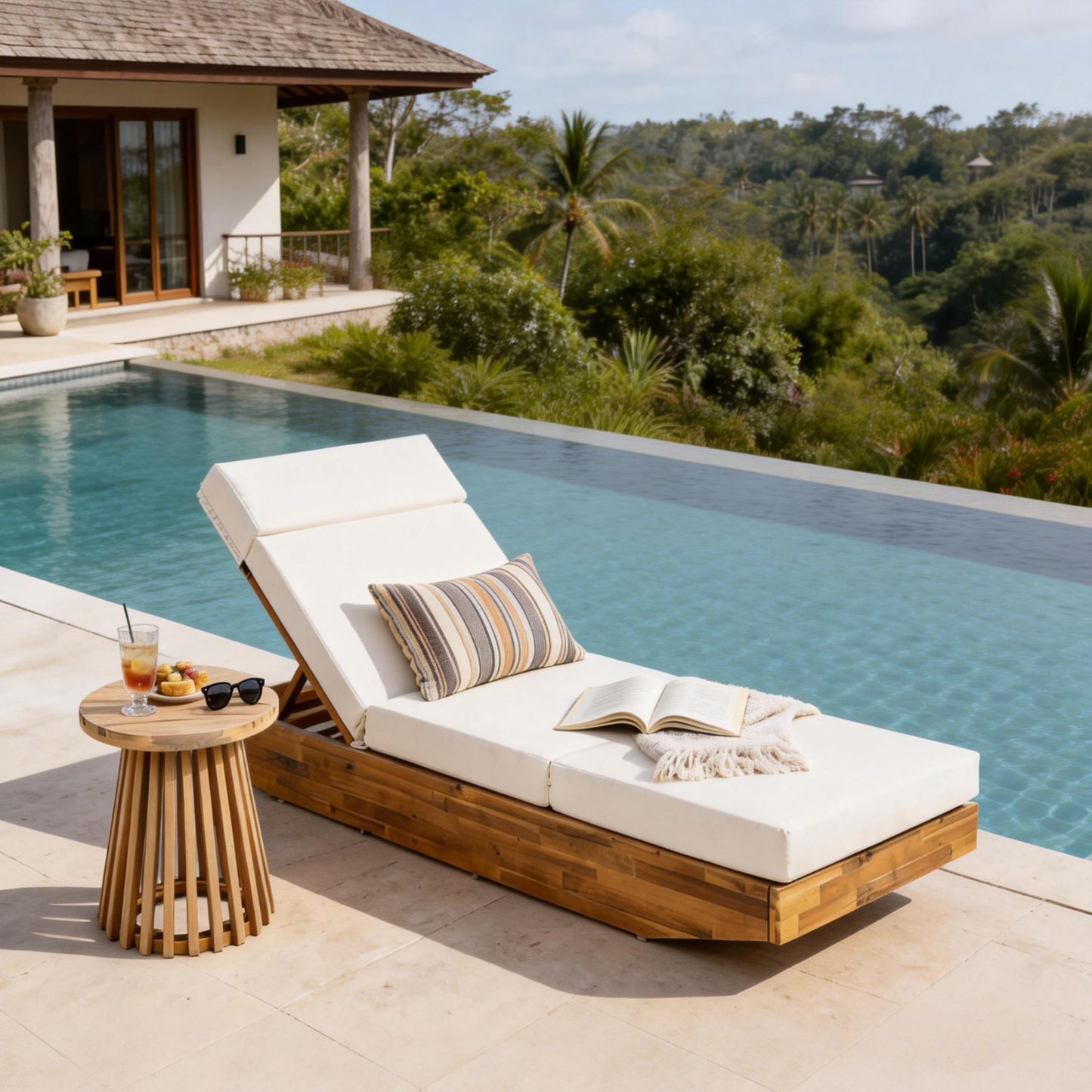 Christopher Knight Home Maril Acacia Wood Chaise Lounge Chair Outdoor, Adjustable Backrest Sun Lounger Recliner, Patio Outdoor Chaise Lounge with 4" Thick Water-Resistant Cushion, Teak+Cream