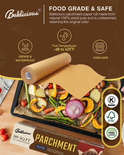 Unbleached Parchment Paper Roll for Baking, 2 Pack of 13 In X 242 Ft, Non-stick Baking Paper, Food Grade Cooking Papers For Bread, Cookies, Heat Press, Pans, Oven, Air Fry