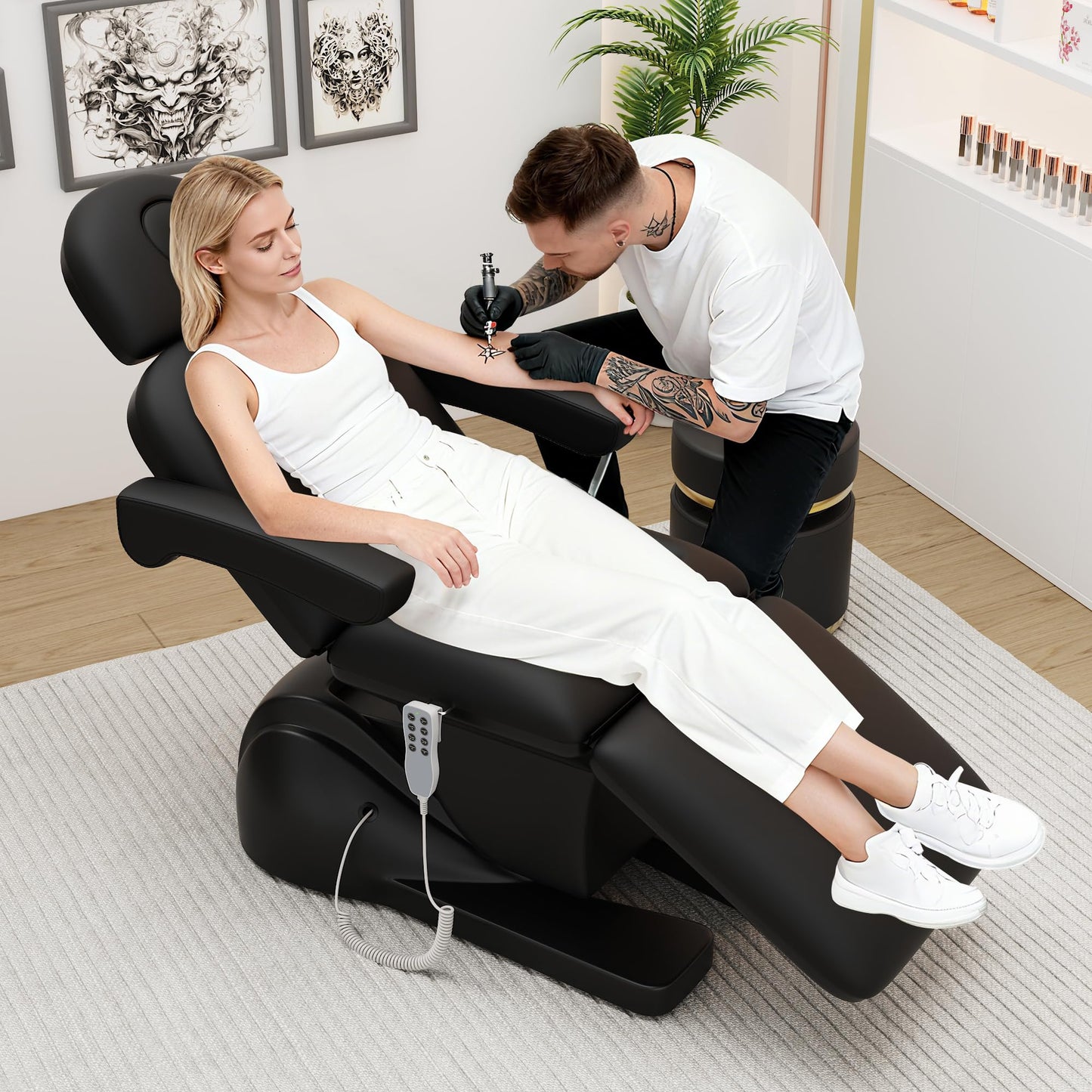 pouseayar 3 Motor Electric Chair/Bed, Aluminum Hydraulic System for Medical Treatment Exam, Facial, Spa, Eyelash, Tattoo, Podiatry Treatment Beauty Massage, Hand Remote Controlled Adjustable - Black