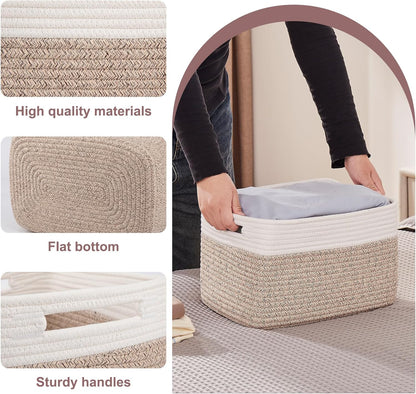 OIAHOMY Storage Baskets - Woven Cotton Rope Organizers with Handles | 13" L x 9" W x 7.8" H, Brown & White