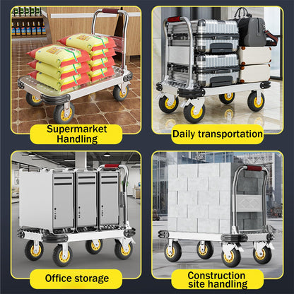 Folding Platform Trolley, Heavy-Duty Steel Utility Cart with Foldable Handrails for Space-Saving Storage, Ideal for Supermarkets, Garages & Warehouses