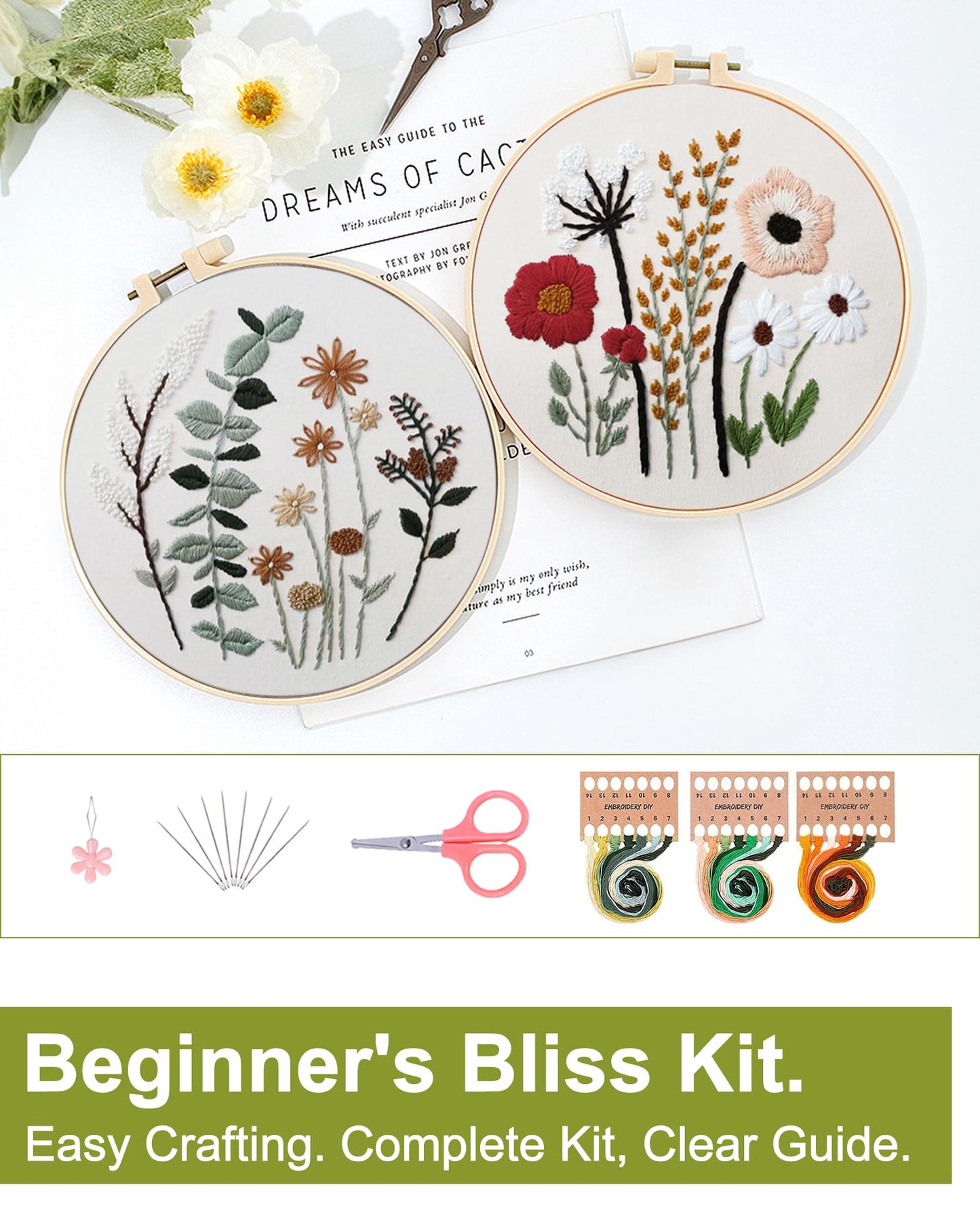Santune 3 Sets Embroidery Kit,Cross Stitch Kits for Beginners,Needlepoint Kits for Adults with Easy Floral Pattern Hand Crafts,Hoop,Needle,Mothers Day Gifts