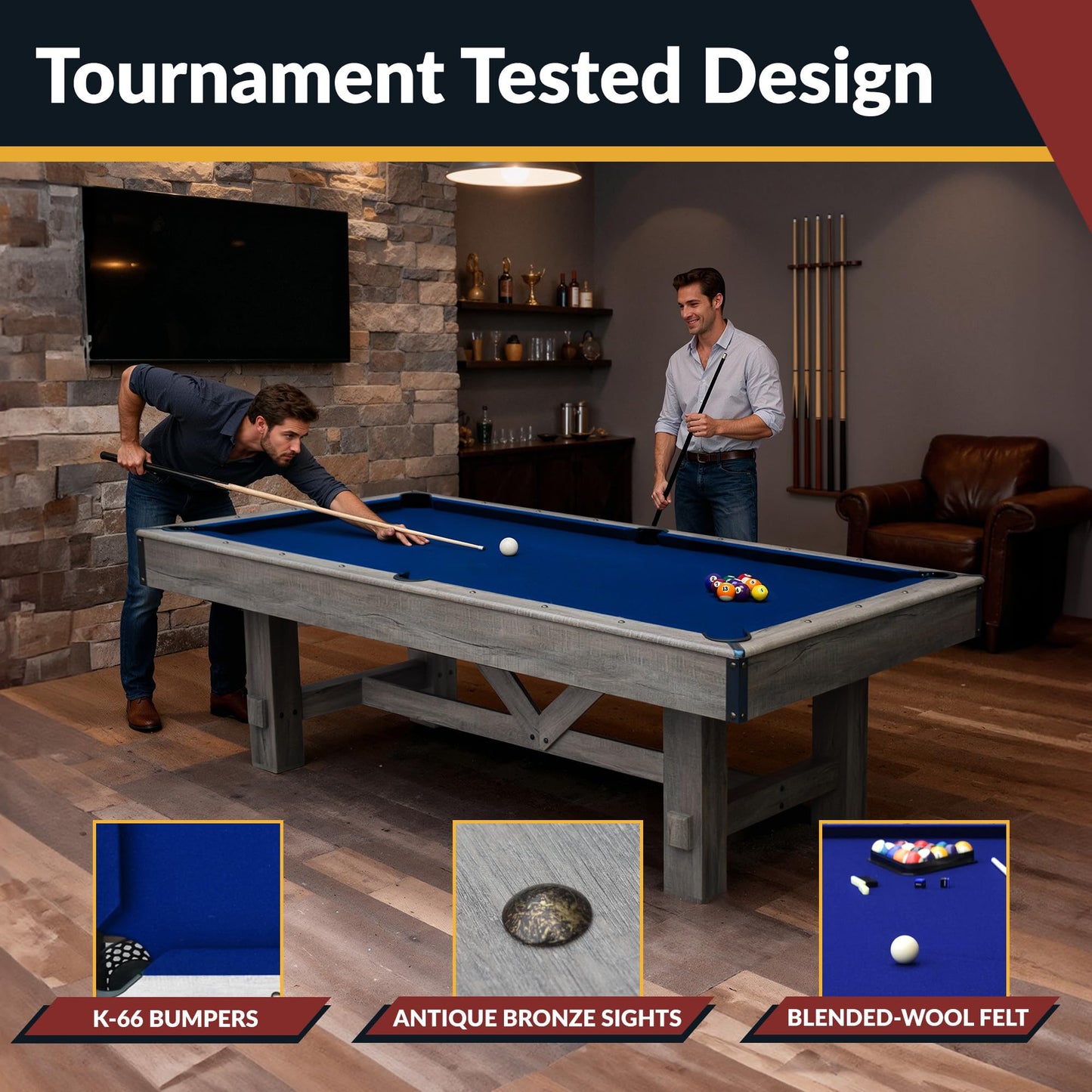 Hathaway Logan 7 Foot Pool Table Combo with Benches – Billiard Table with Ping Pong and Dining Tops – Comes with Complete Game Accessories and Built-In Storage - Rustic Gray Barnwood Finish, Blue Felt