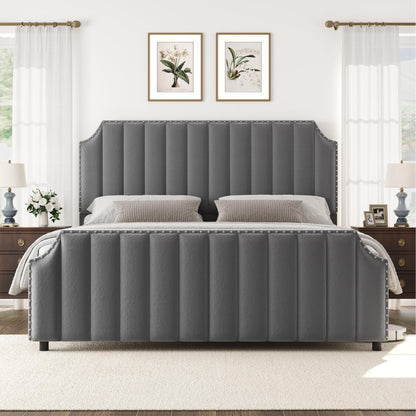 GarveeHome King Size Platform Bed Frame with 50.2 in Headboard, Velvet Upholstered Bed Frame with Vertical Channel Tufted Headboard & Footboard, Nailhead Trim, No Box Spring Needed, Grey