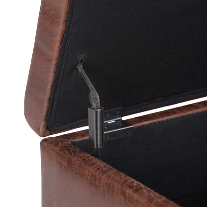 SIMPLIHOME Owen Coffee Table Storage Ottoman - 34" Wide x 19" High Upholstered Vegan Leather Rectangular Lift-Top Ottoman in Distressed Saddle Brown, Mid-Century Modern Bench with Tapered Legs