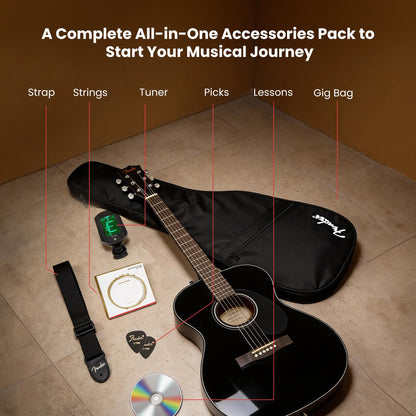 Fender CC-60S Solid Top Concert Acoustic Guitar - Black Bundle with Gig Bag, Tuner, Strap, Strings, Picks, and Austin Bazaar Instructional DVD