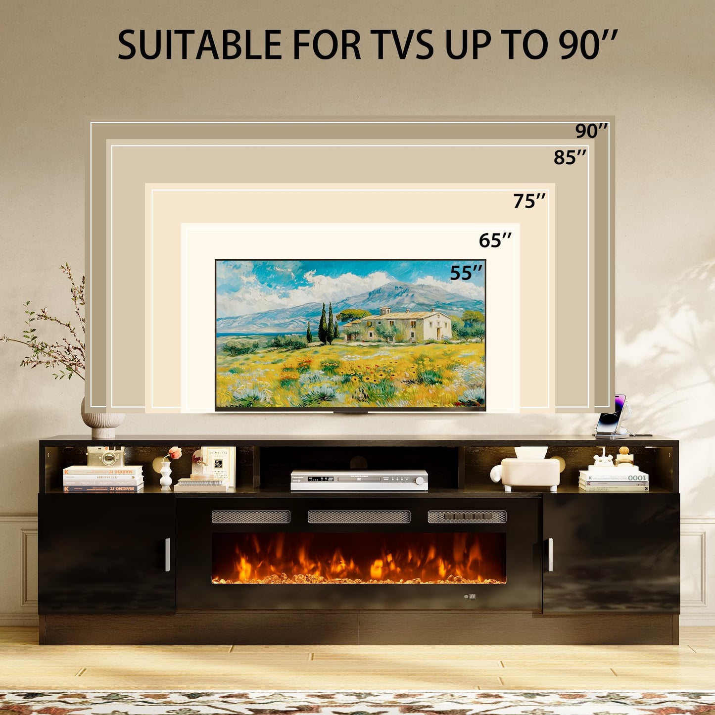 OneBlis 80" Fireplace TV Stand with Power Outlet for TVs UP to 90", Electric Fireplace Entertainment Center with LED Lights & Storage Cabinets, TV Console for Living Room, Office, Black-Black